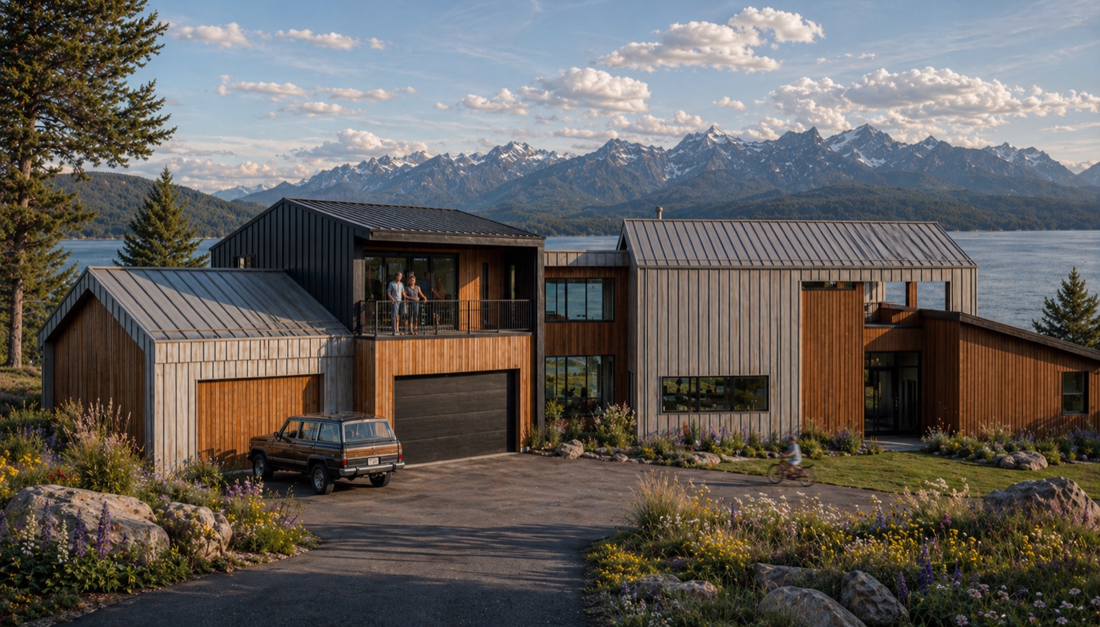 River Terrace front exterior elevation overlooking the lake and mountains